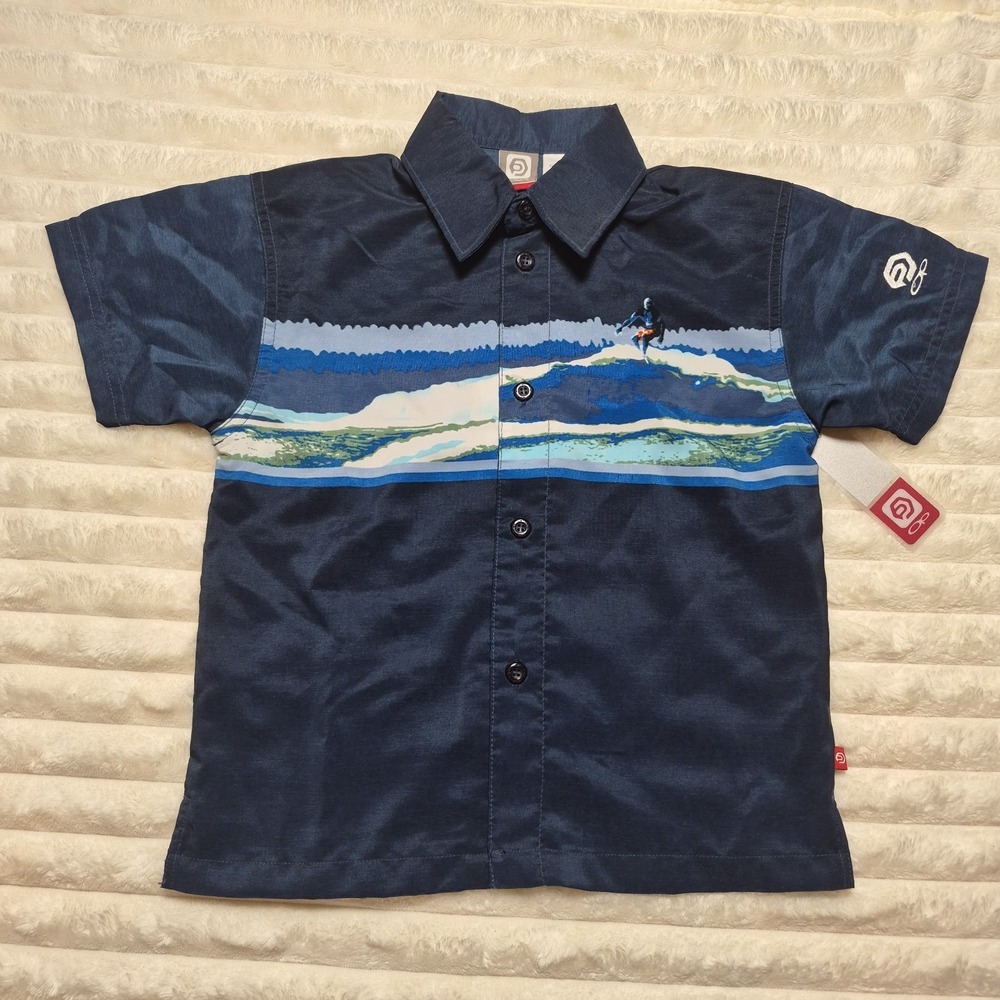 Op Ocean Pacific Boys Navy Blue Surfer Graphic Button Up Shirt Size 5 NWT